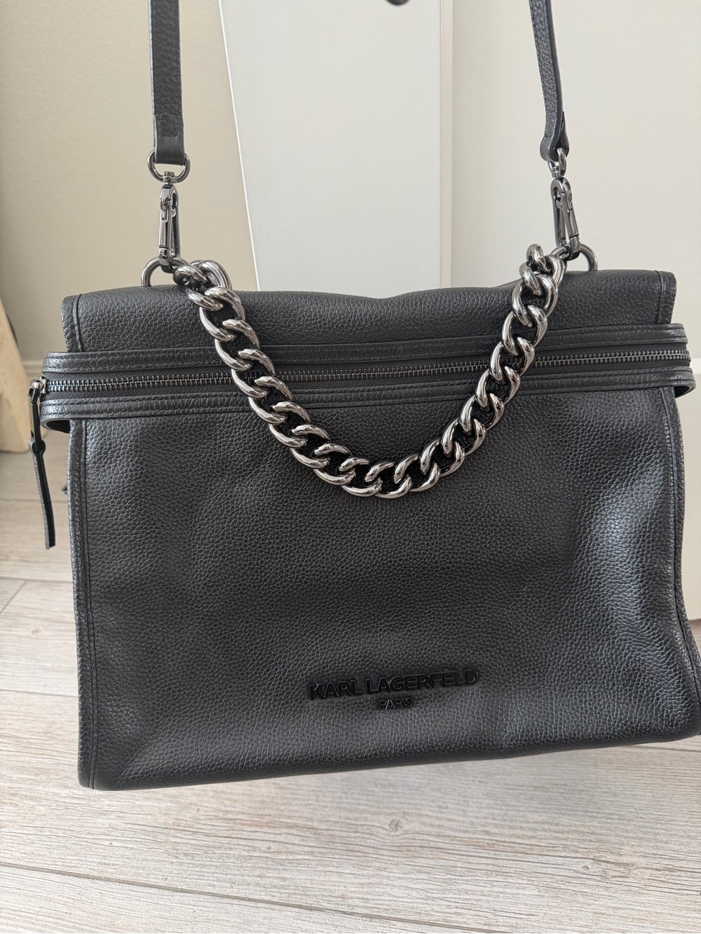 Karl Lagerfeld Black Pebbled Leather Crossbody with Silver Chain